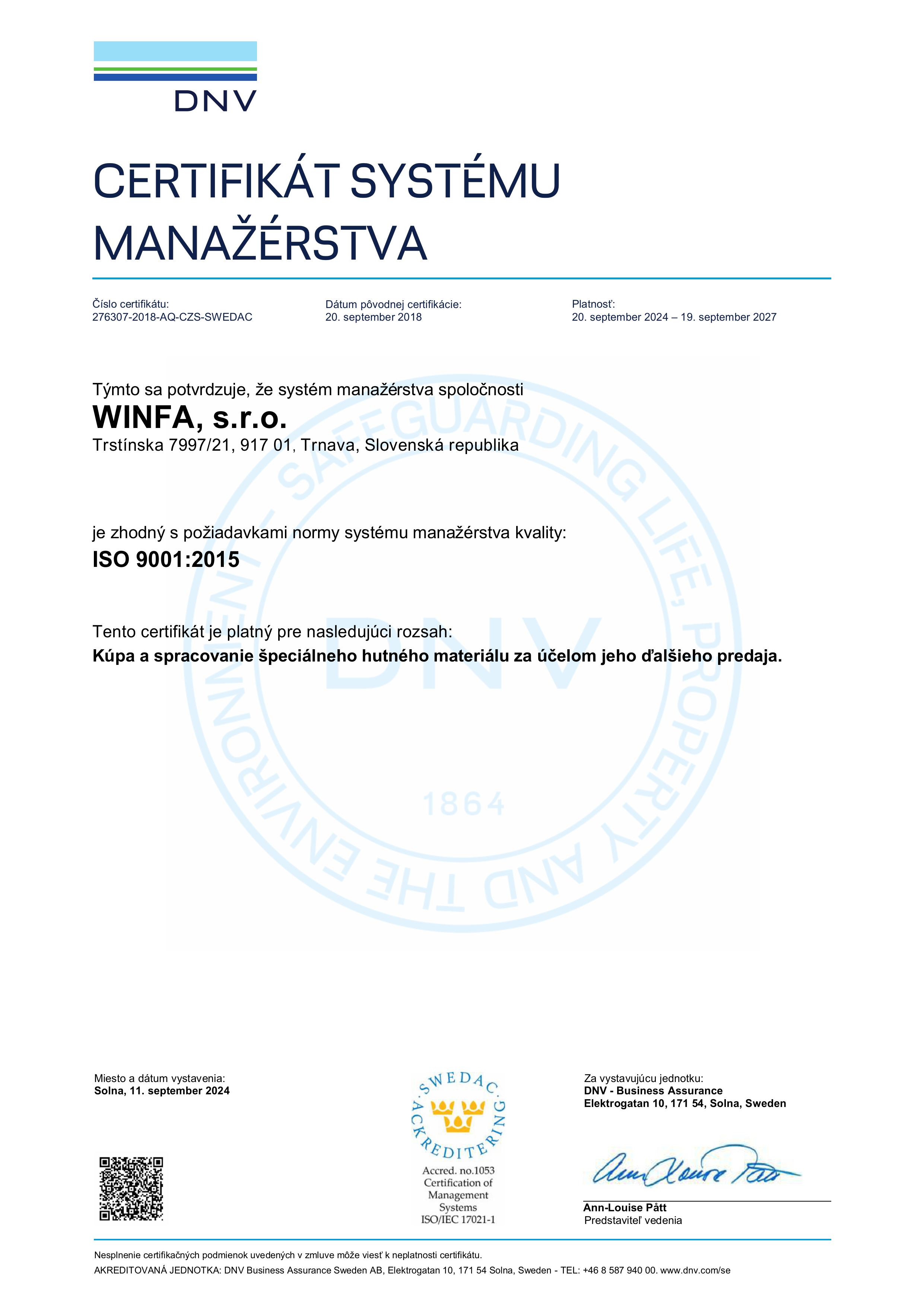 Certifikát systému manažérstva | winfa.sk